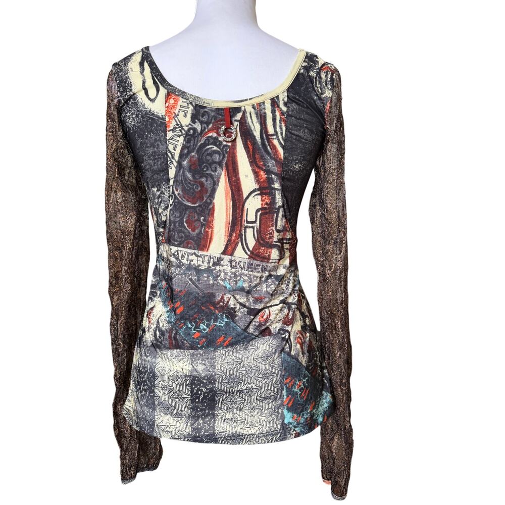 Save The Queen Long Sleeve Mesh Lace Patchwork Top Y2K Italian Boho Size S/M - Picture 5 of 7